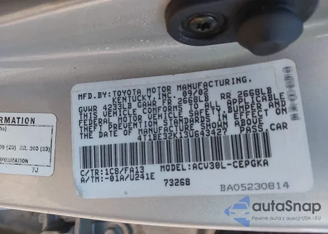 2003 Toyota Camry Xle из США, поврежденный, VIN 4T1BE32K13U643427